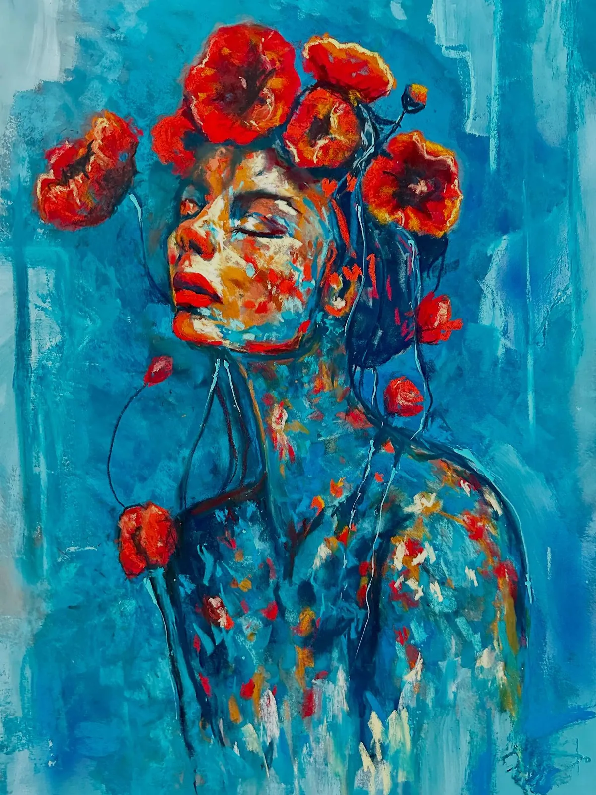 Woman with closed eyes and a crown of red poppies, her face and shoulders dissolving into strokes of turquoise and blue.