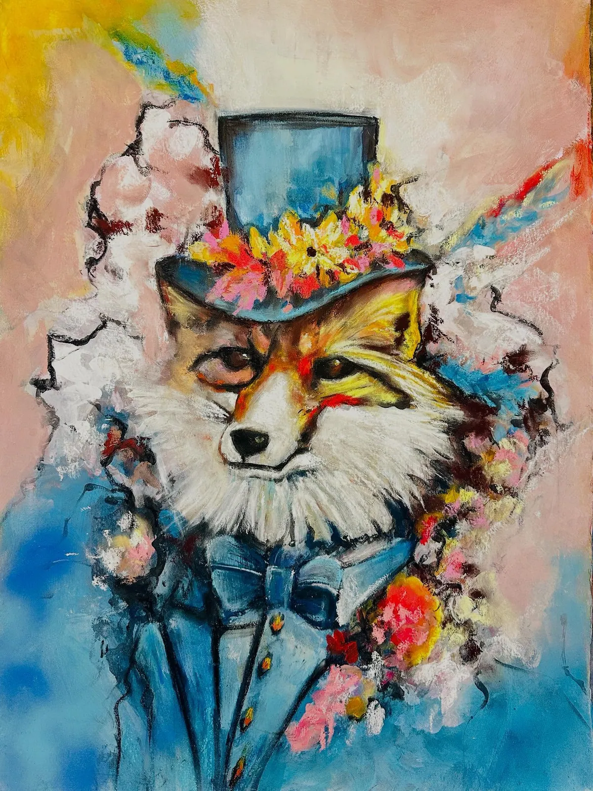 A fox in a blue top hat decorated with flowers, wearing a blue suit and bow tie, against a pink and yellow background.