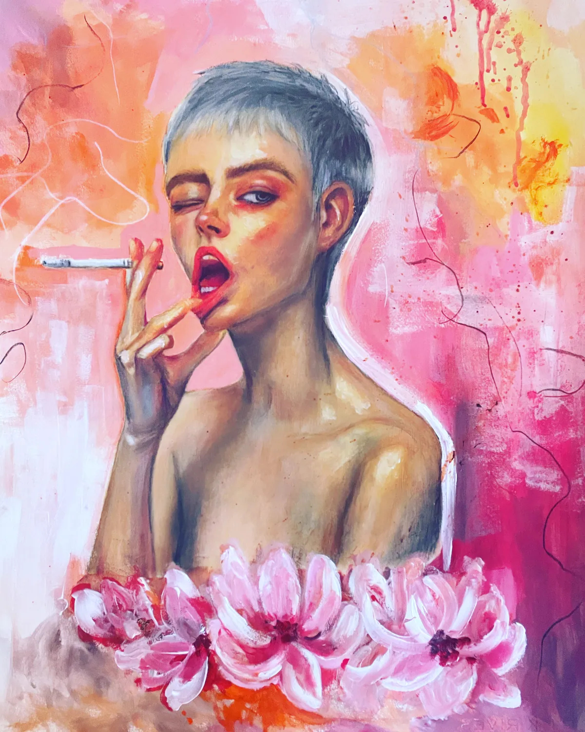 Young woman with short silver hair, winking and holding a cigarette, above pink flowers on a pink and orange background.