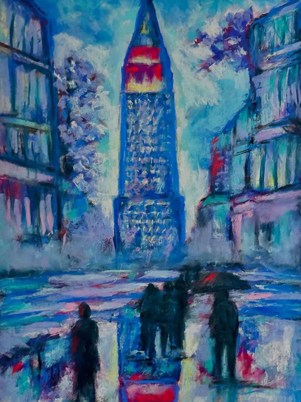 Rainy New York street in blues and violets, a tower at the centre and figures with umbrellas reflected on the wet road.