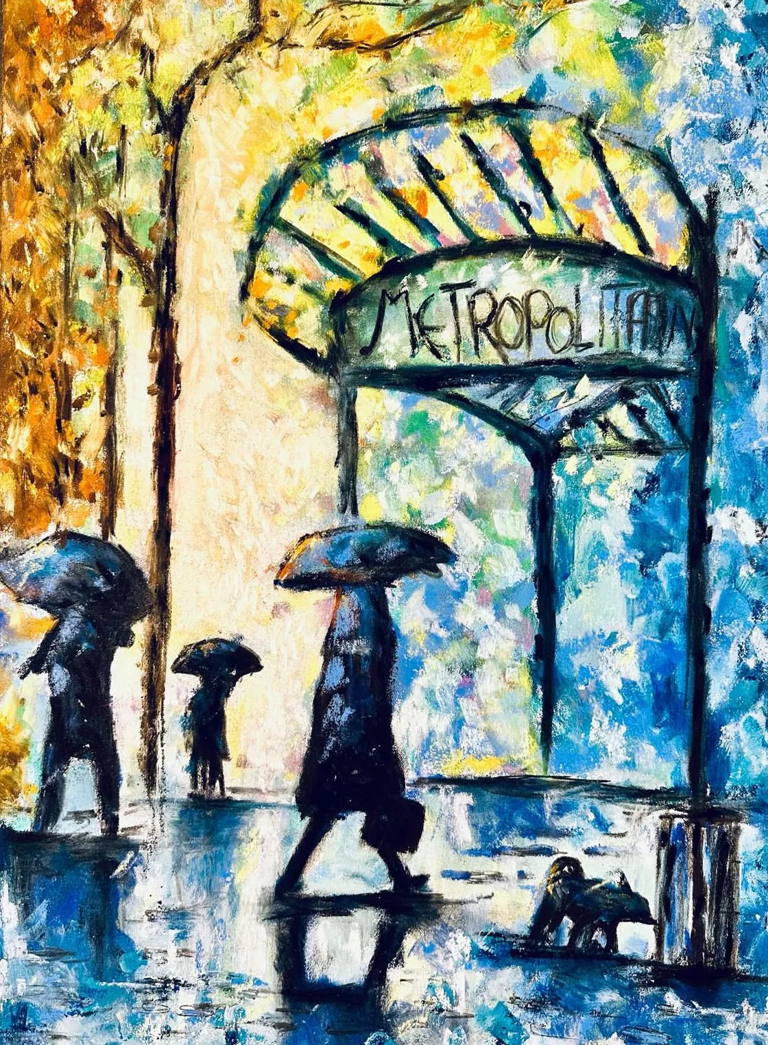 Figures with umbrellas walking past an Art Nouveau Métropolitain entrance on a rainy day in yellow and blue light.