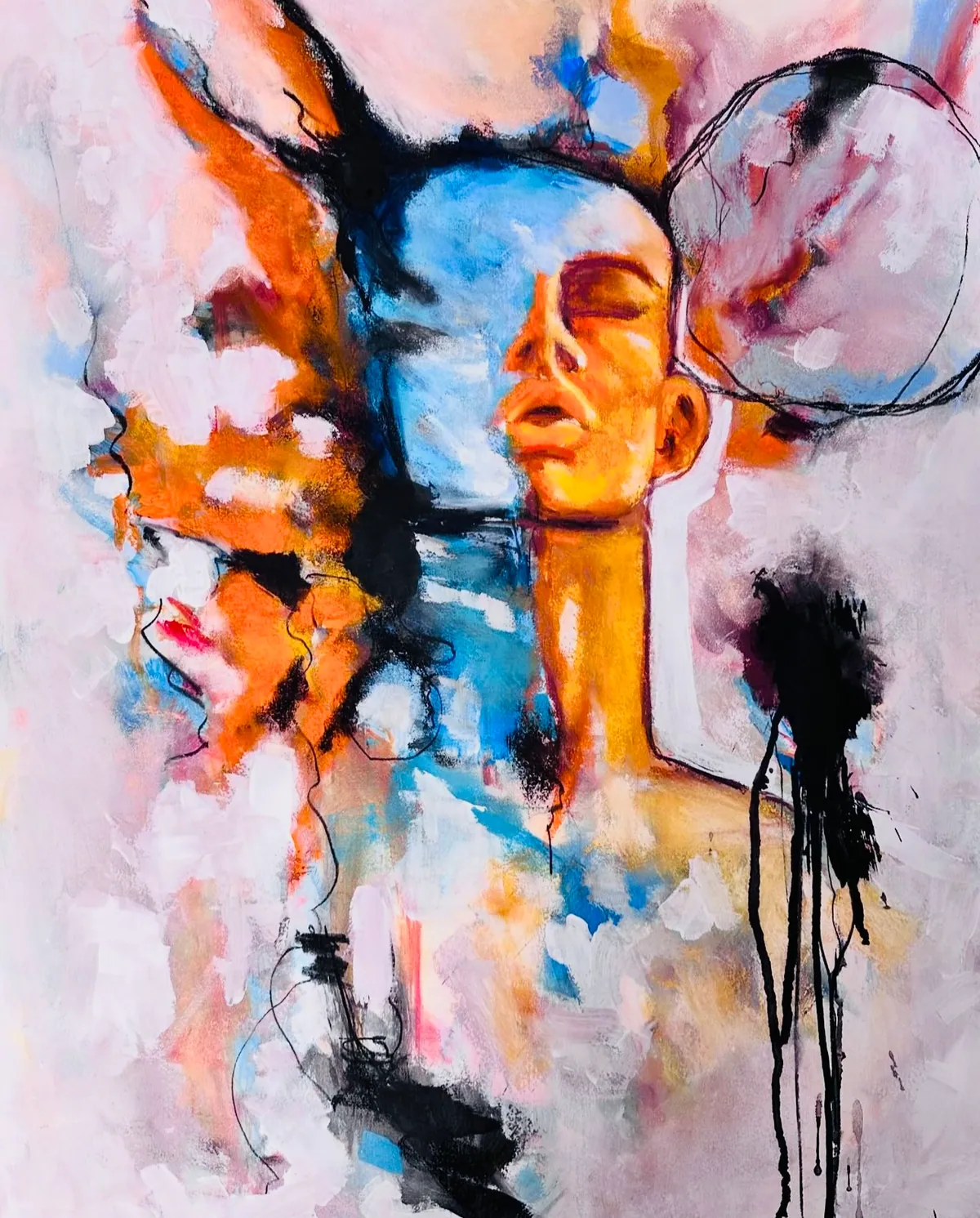 Woman with closed eyes in orange and blue tones, surrounded by pink, white and black brushstrokes and drips.