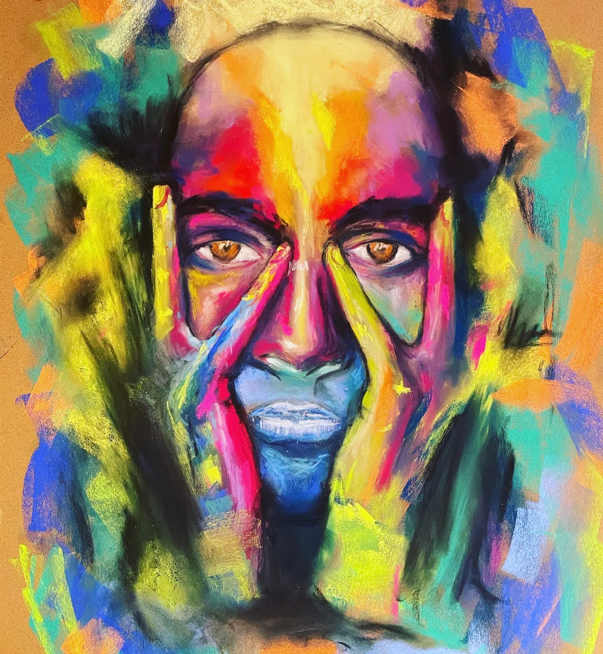 A face framed by two hands in vibrant strokes of pink, yellow, turquoise and blue on brown paper.